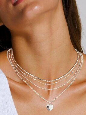 Silver Layered Necklace Set Heart Pendant Pearl Chain Choker Jewelry Gift